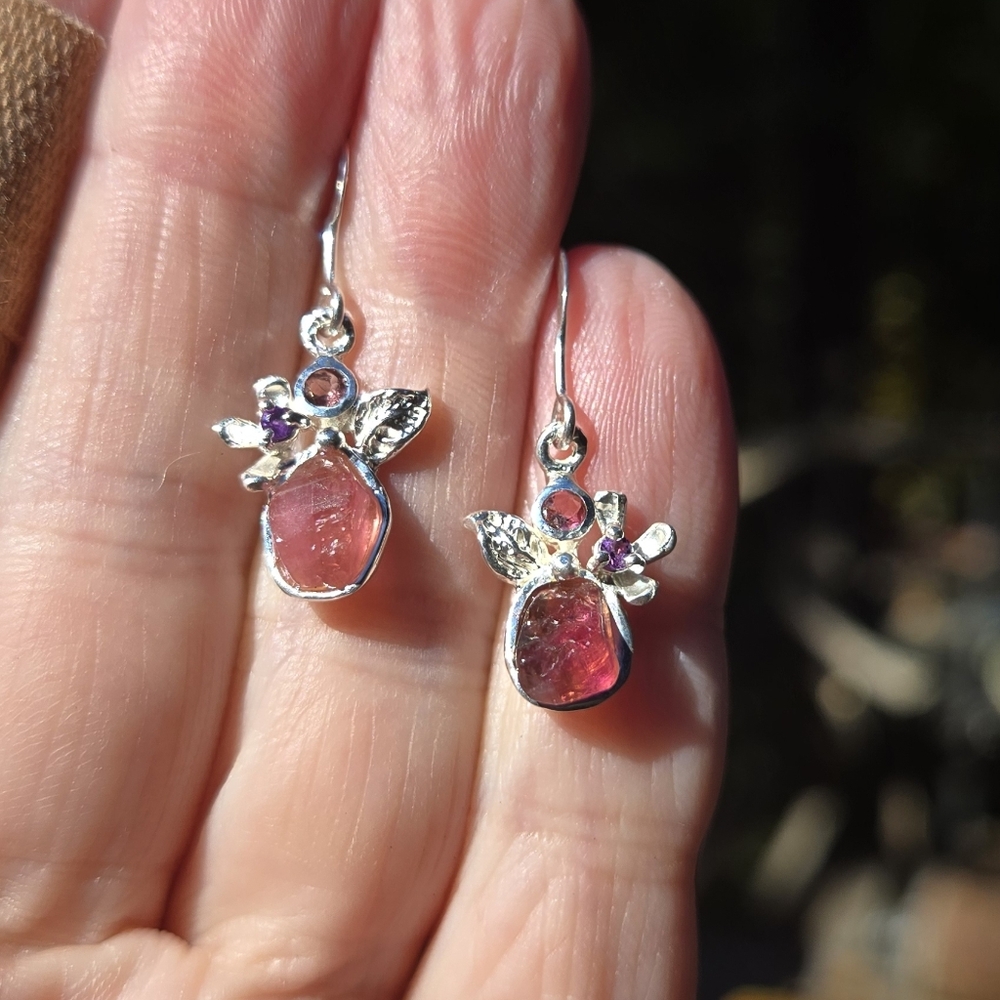 HOST PICK🎉🎊Pink Tourmaline Rhodalite & Amethyst Sterling & White Gold Earrings - Picture 3 of 11